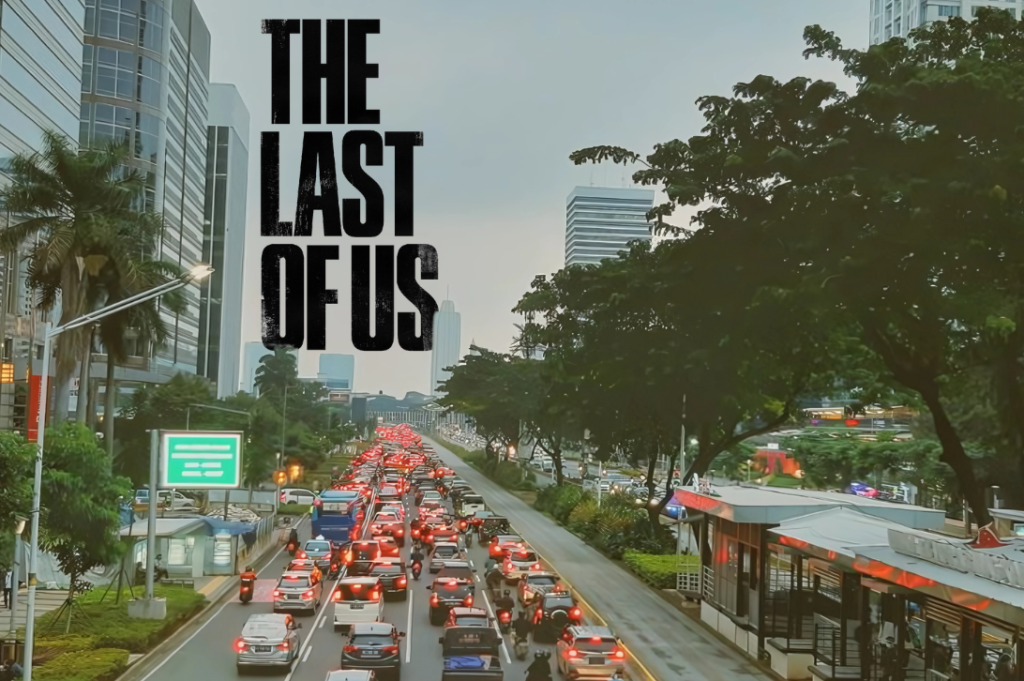 Jakarta macet dengan logo The Last of Us, menggambarkan suasana post-apokaliptik dalam serial HBO