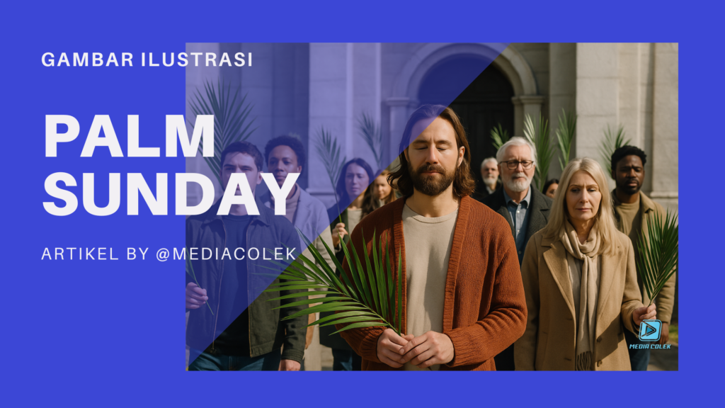 Modern Palm Sunday procession with diverse adults holding palm leaves in front of a church.