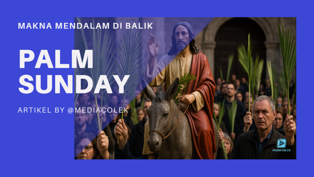 Jesus riding a donkey during Palm Sunday, surrounded by a crowd holding palm leaves in a traditional church procession.
