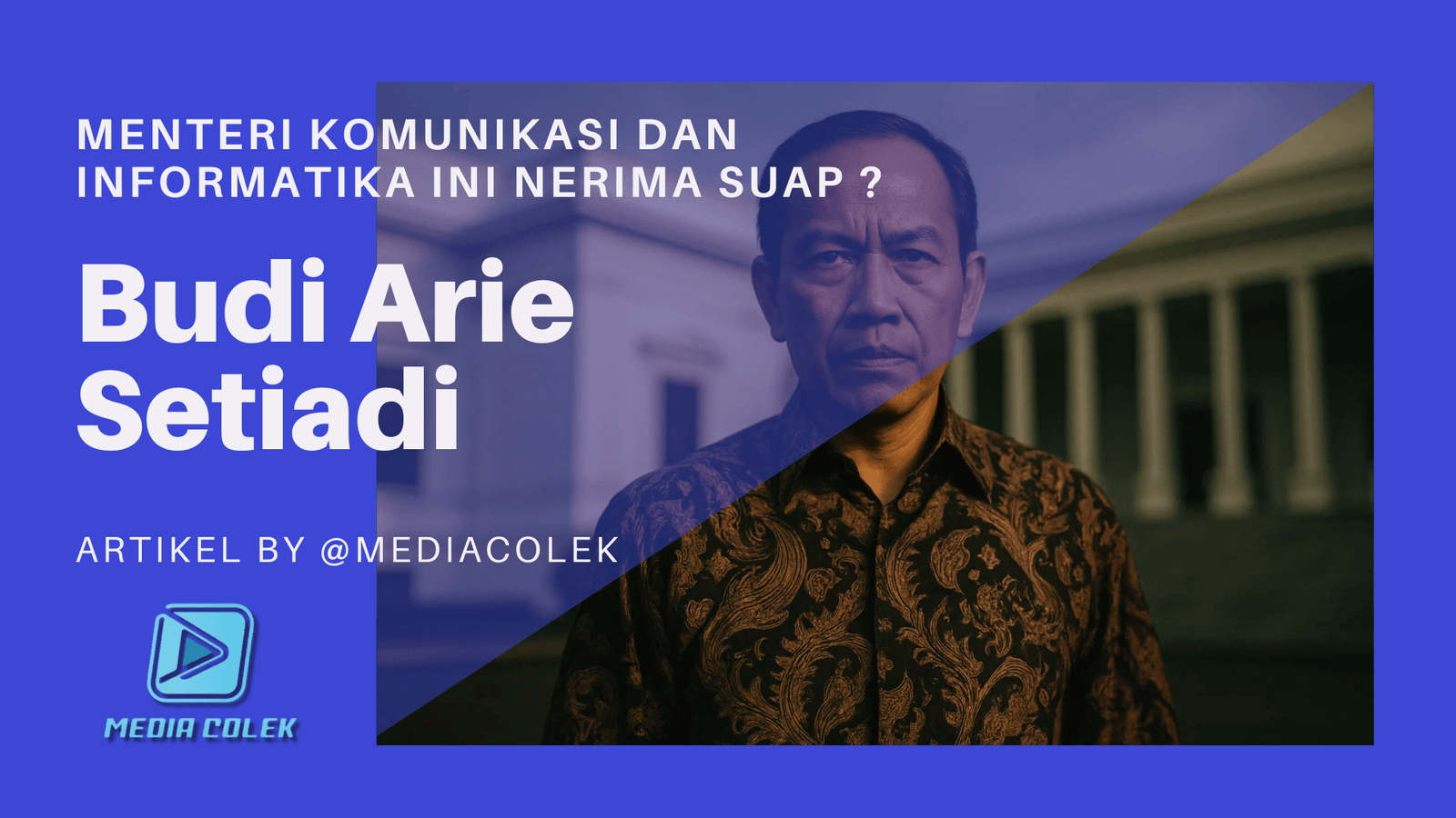 Potret ilustrasi seorang pria paruh baya mengenakan batik resmi berdiri di depan gedung pemerintahan dengan ekspresi serius.