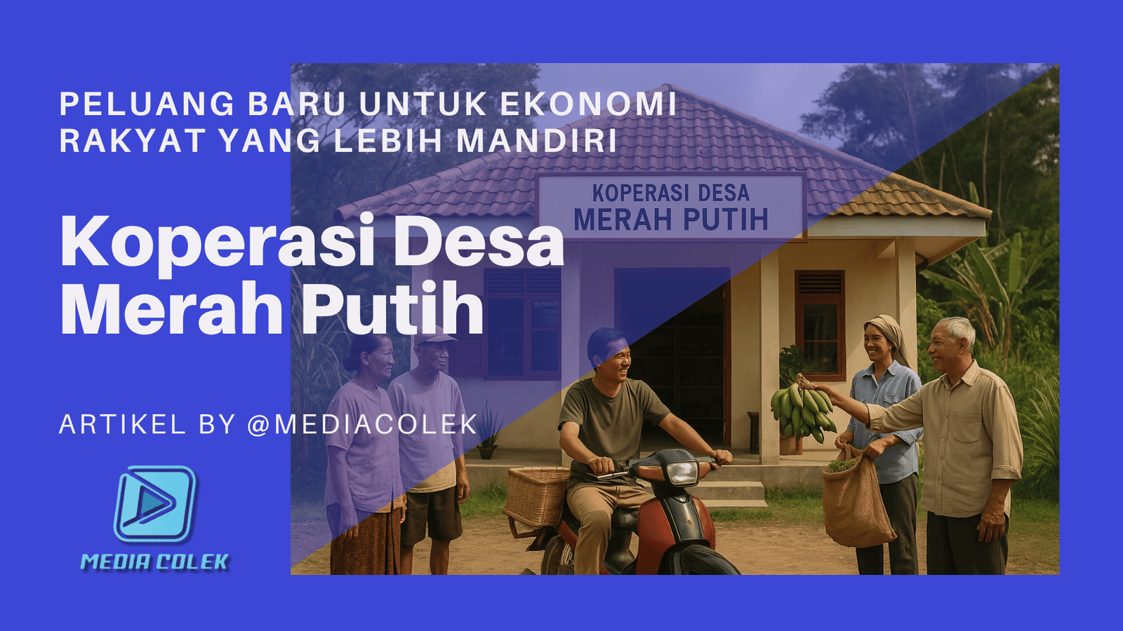 Warga desa berinteraksi di depan bangunan Koperasi Desa Merah Putih sambil membawa hasil panen.
