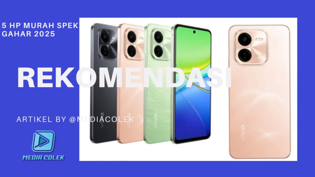 Gambar lima handphone Vivo terbaru dengan varian warna berbeda untuk artikel rekomendasi HP murah 2025.