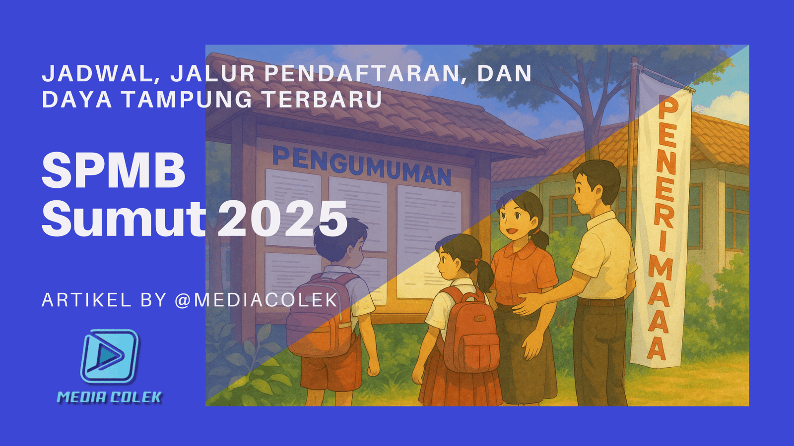 Ilustrasi siswa dan orang tua melihat papan pengumuman SPMB Sumut 2025 di halaman sekolah dengan latar suasana cerah dan pohon rindang.