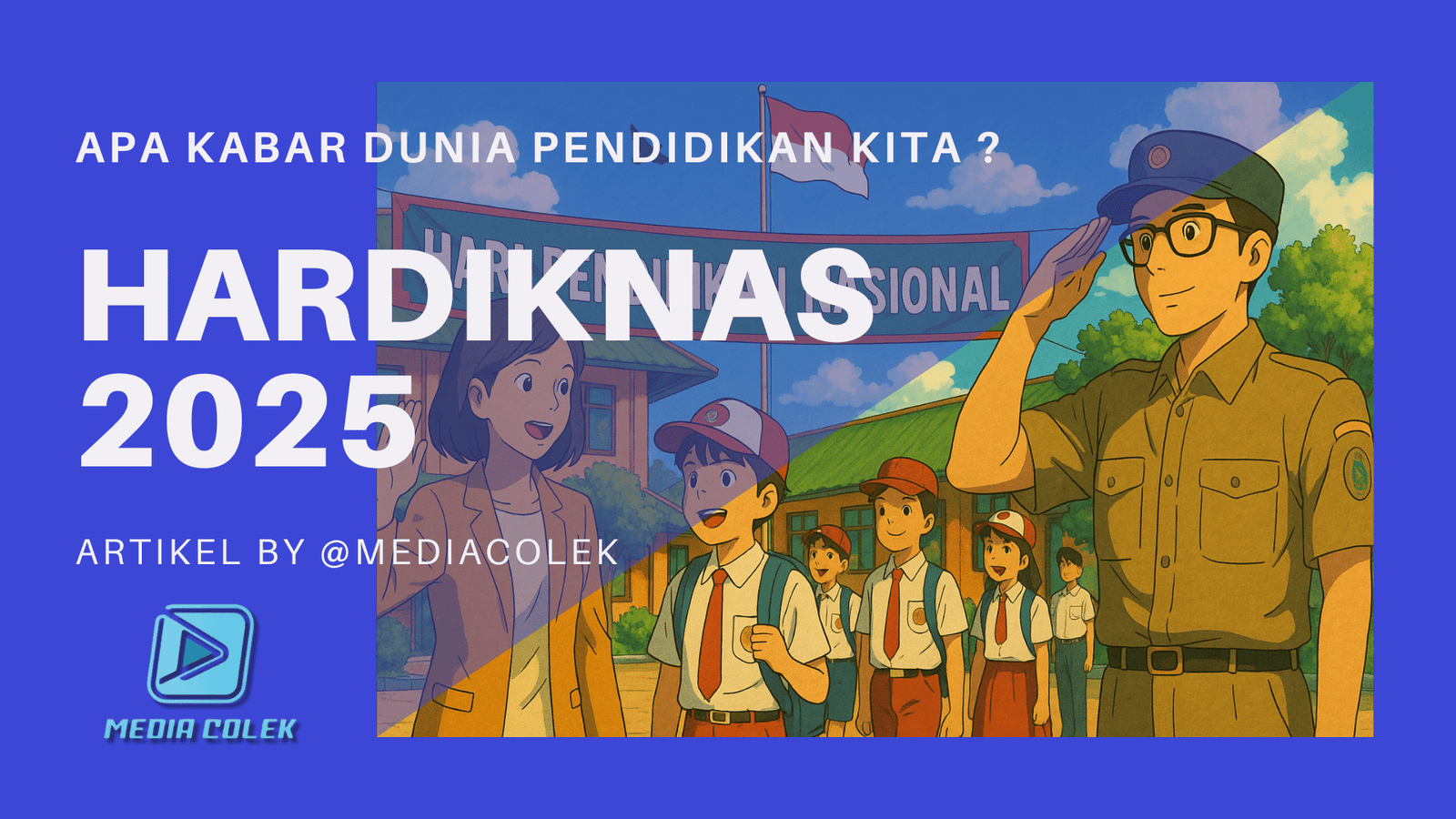 Ilustrasi anime Ghibli anak-anak sekolah Indonesia di Hari Pendidikan Nasional ( Hardiknas ) , berlatar sekolah desa yang tenang dan cerah.