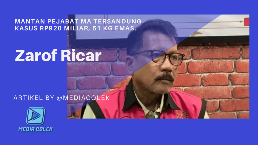 Ilustrasi gaya editorial menggambarkan sosok Zarof Ricar dengan latar dunia politik digital