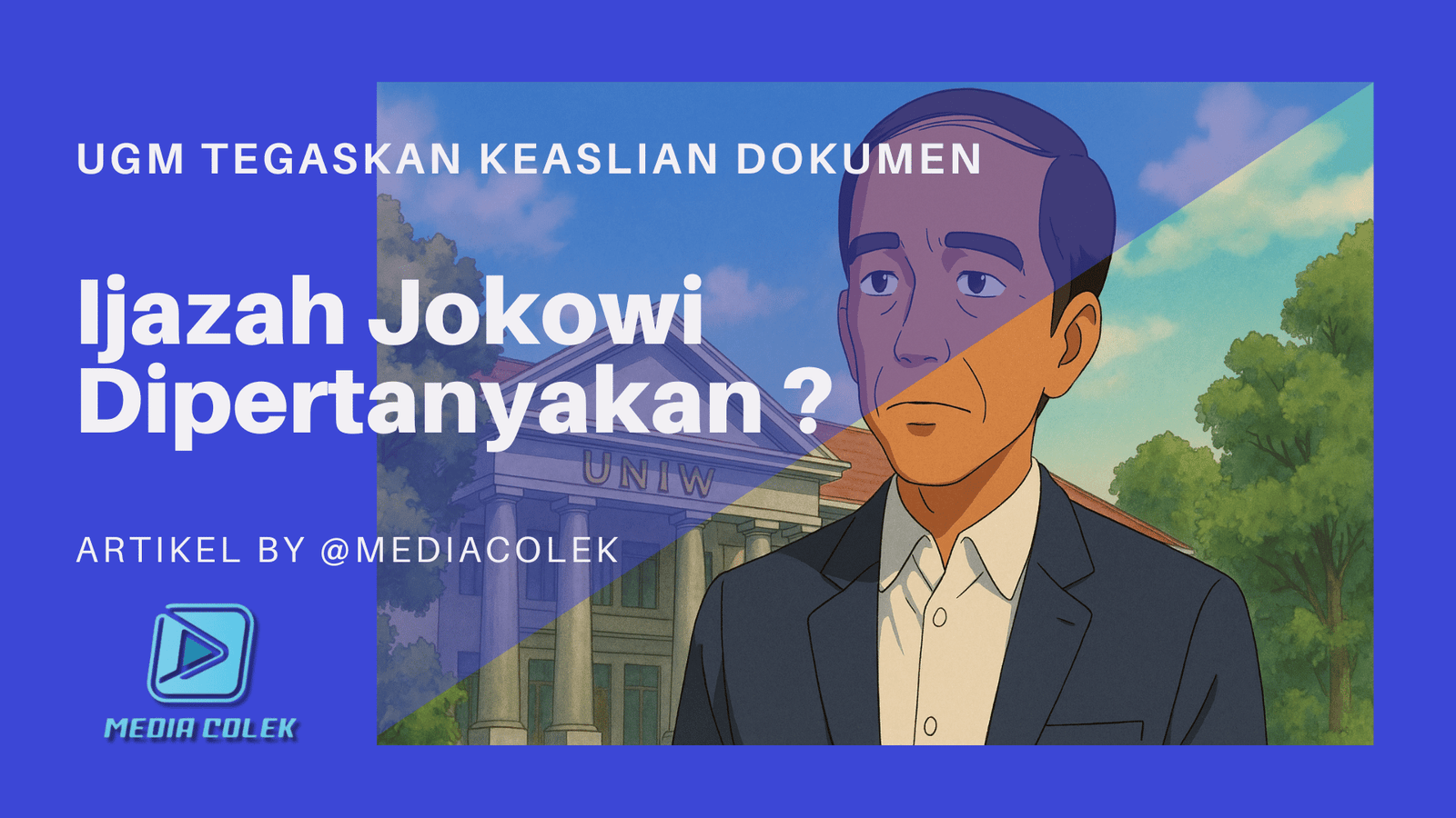 Mahasiswa pria berdiri di depan gedung kampus klasik dengan suasana serius, merepresentasikan isu keaslian ijazah Jokowi UGM.