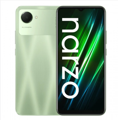 Tampilan belakang Realme Narzo dengan desain stylish warna hitam dan hijau neon.