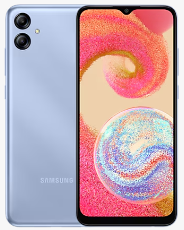 Tampilan depan dan belakang Samsung Galaxy A04 dengan layar cerah dan desain minimalis.