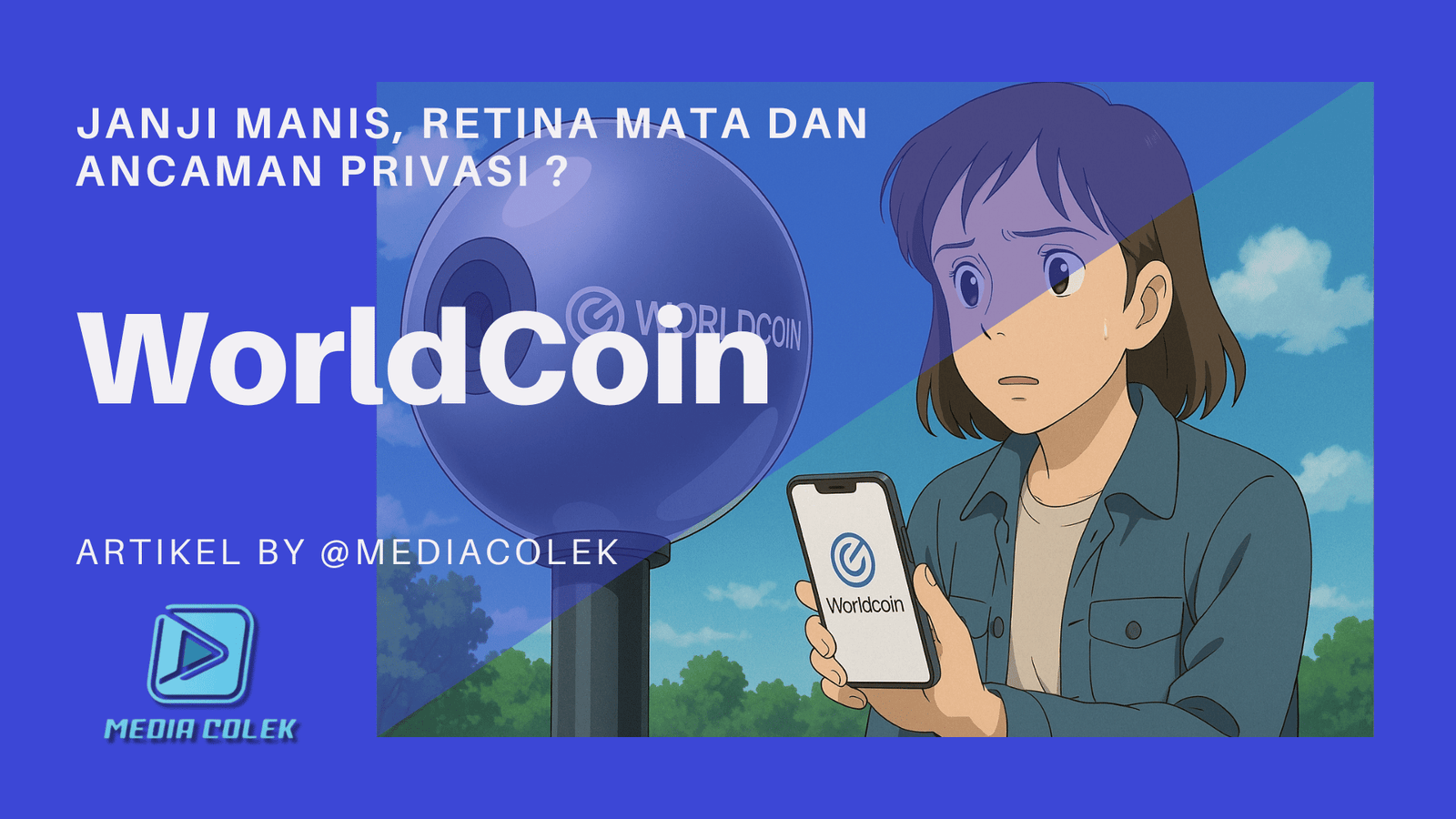 Ilustrasi anime bergaya Ghibli menampilkan pemindaian retina mata untuk identitas digital Worldcoin di era modern